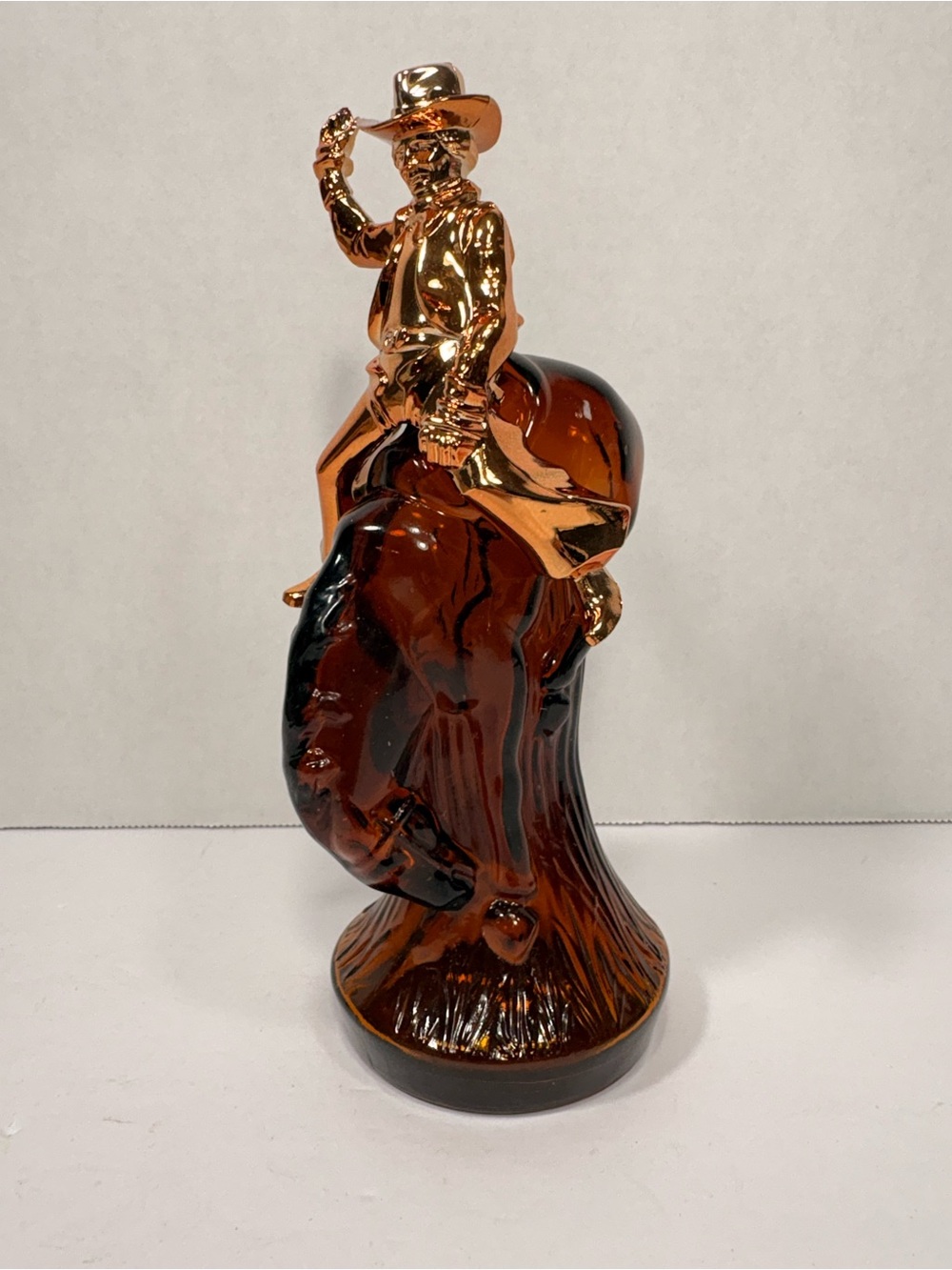 Vintage Bucking Bronco Amber Glass Cowboy Bottle 6 oz w/ Box